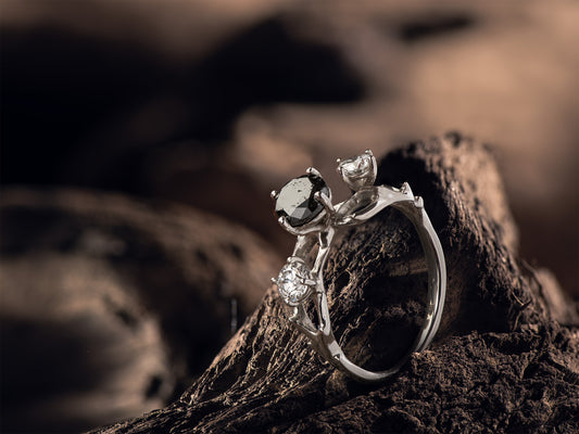 Anillo de Oro Blanco 18K con Diamante Negro Natural y Diamante de Laboratorio