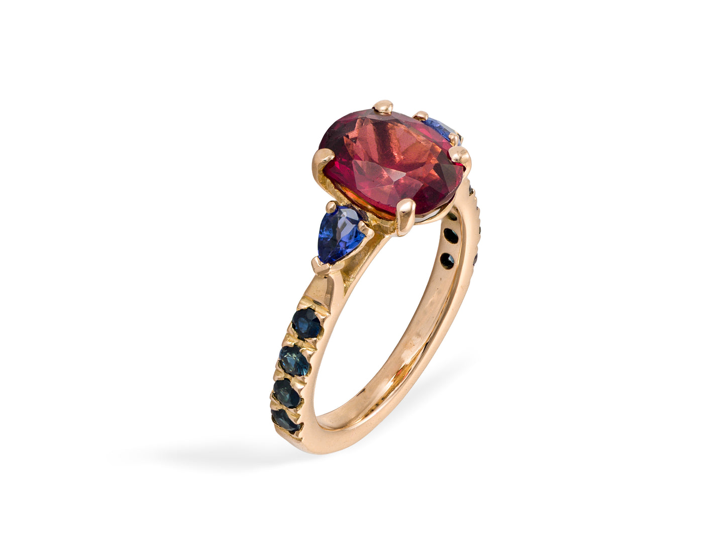 Anillo de oro 18k con Granate, Tanzanita y Zafiros Naturales