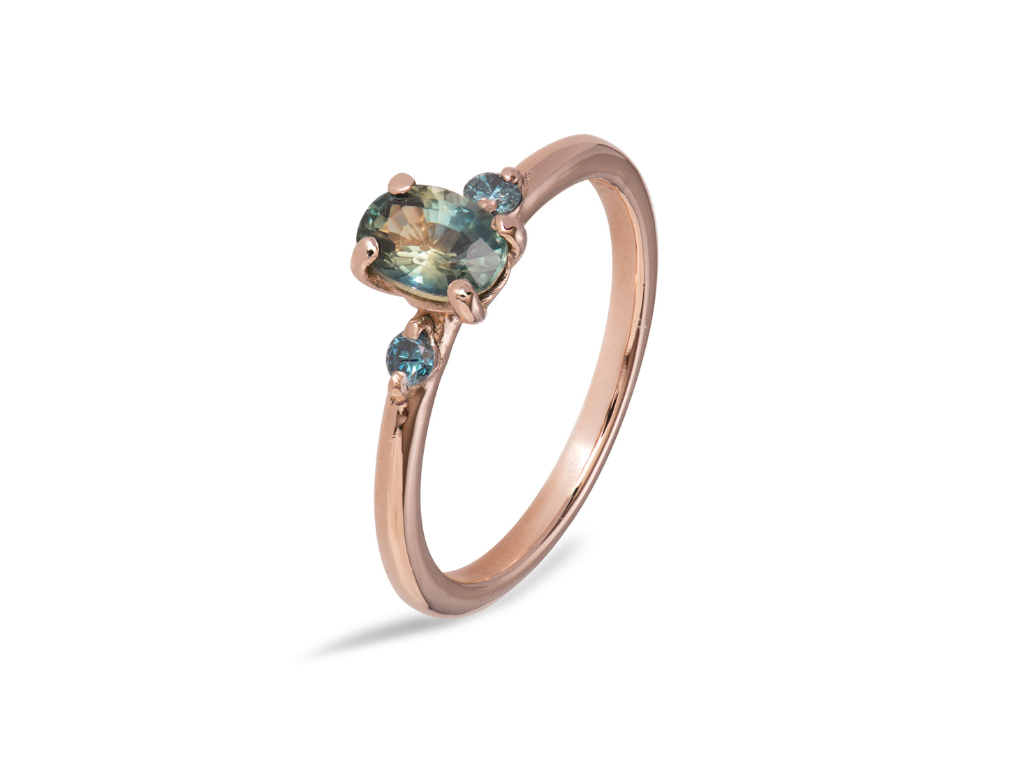Anillo de Oro Rosa 18K con Zafiro Natural y Diamantes azules