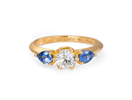 Anillo de oro 18k con Diamante y Zafiros Naturales